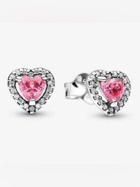 Sterling Silver Heart Stud Earrings with Pink Gemstone